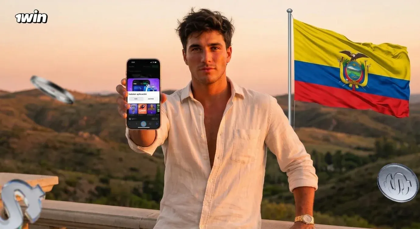 Joven en un mirador al atardecer que muestra la app de 1win en su celular junto a la bandera de Ecuador